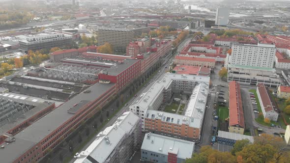 Flying Towards Gamlestan SKF Tram Stop East Gothenburg Aerial