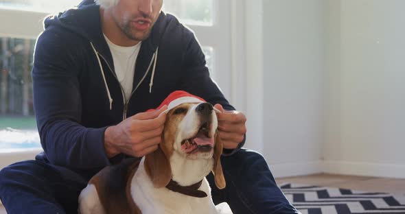 Smiling young man putting santa cap on his pet dog 4K 4k