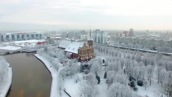 Aerial view of the Cathedral in Kaliningrad in the wintertime