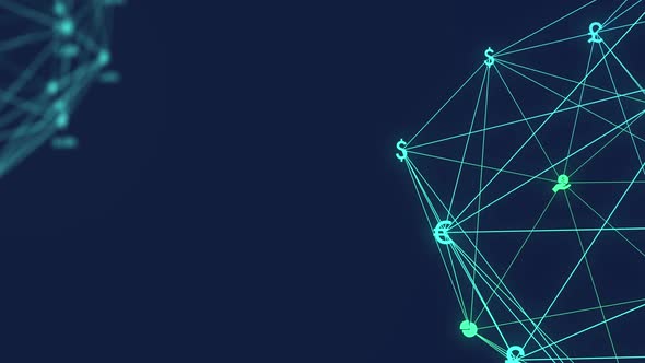 Animation of digital interface and globe of network connections with financial and currency icons