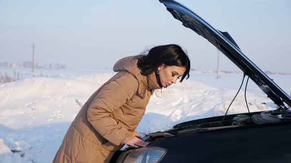 Lady Looks at Engine of Broken Automobile on Snowy Road