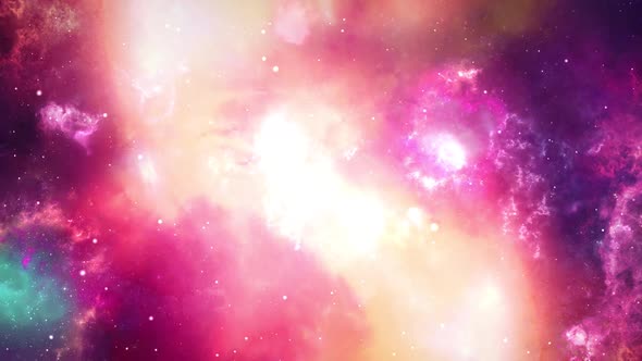 Pink 3D Camera flying through the clouds and star field in outer space.