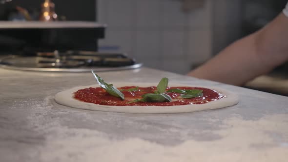 Side View of Male Hands in Gloves Adding Oregano Leaves and Grated Cheese on Raw Pizza Dough