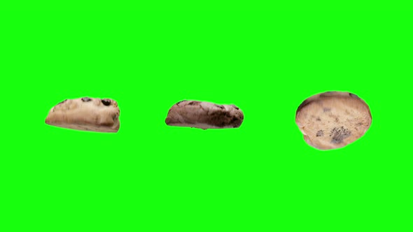 Three types of chocolate chip cookie rolling isolated on green screen background