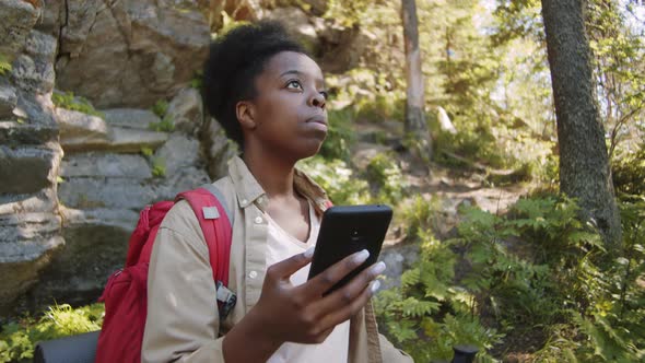 Afro-American Female Tourist Using Smartphone in Forest