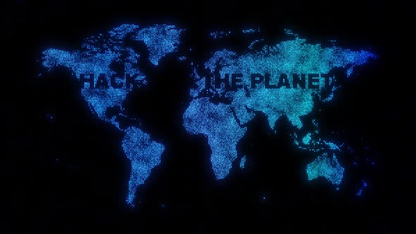 hack the planet black text over digital dotted world map alt