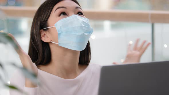 Portrait Asian Successful Girl in Medical Protective Mask Business Woman Looking Laptop Receives