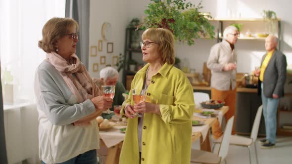 Senior Women Chatting over Wine at Home Party