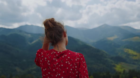 Unknown Woman Enjoying Mountains Landscape Close Up