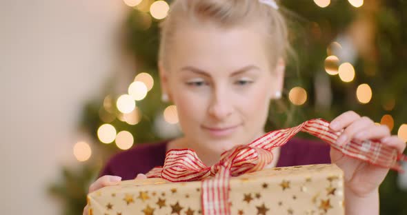 Cheerful Woman Holding Her Christmas Gift At Home