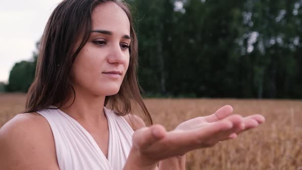 Close Up Portrait of Woman Looking at Rain in Nature, Tourist Girl, Slow Motion