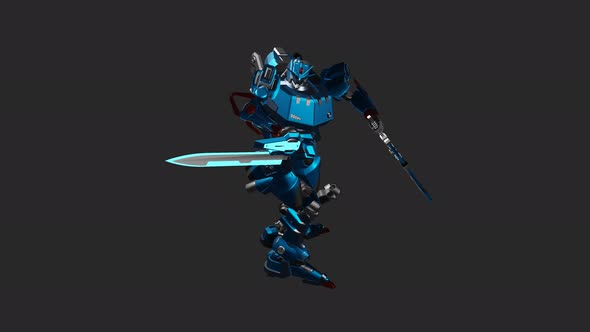 The robot acts in a Look Over Shoulder style and wields a double sword