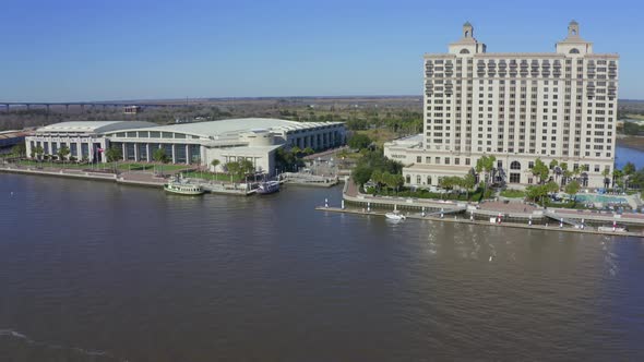 Aerial view of Savannah River conference center with Talmadge Memorial Bridge