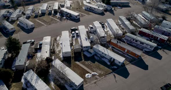 Wyoming mobile home park thrifty living in 2022 housing crisis during inflation. Establishing shot f