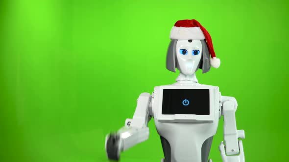 Robot in a New Year's Hat Is Calling To Approach You. Green Screen. Side View