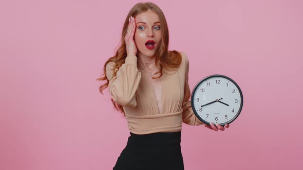 Confused Woman with Anxiety Checking Time on Clock Running Late to Work Being in Delay Deadline