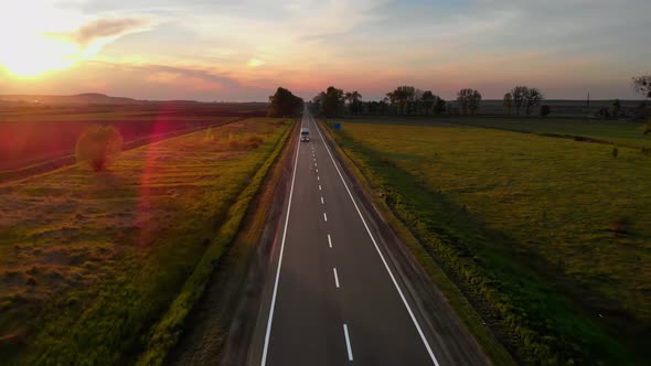 Amazing Aerial Drone View White Lorry Delivering Goods By Road