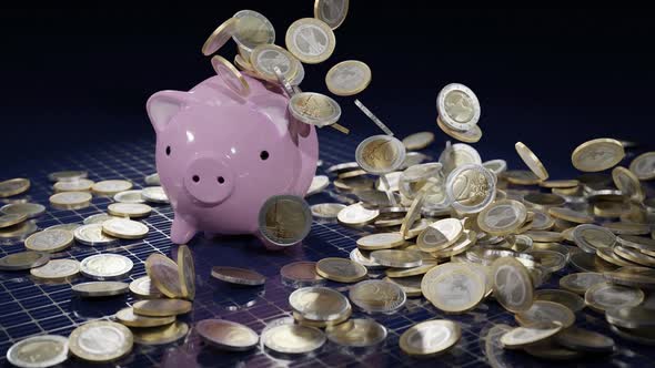 Falling Euro Coins on the Money Box Pig and Solar Cell Floor