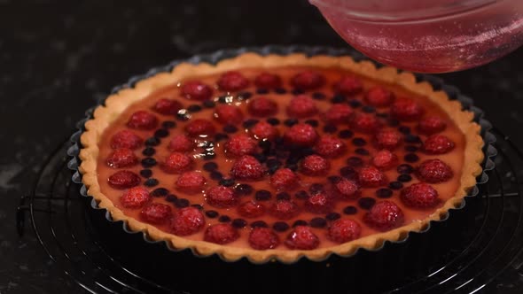 Woman Making Custard Tart with Berries and Jelly. Tart with Berries.