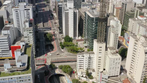 Aerial view of Paulista avenue empty during Covid Quarantine , Sao Paulo, Brazil