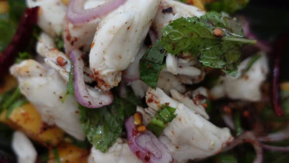 Eating Tropical Food Blue Crab Meat And Mango Thai Spicy Salad