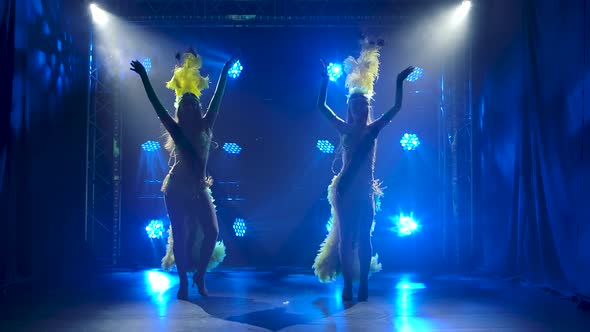 Silhouette of Two Passionate Young Women Dancing Samba Music at a Carnival Party. Dancers in