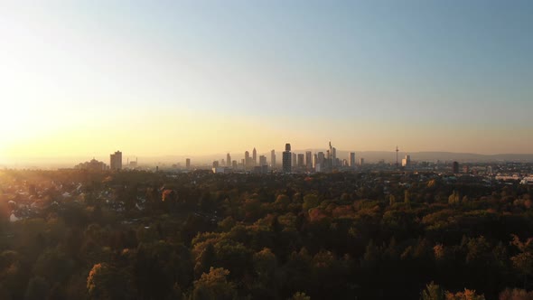 Cinematic Aerial of Frankfurt Skyline panorama at sunset