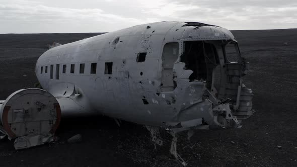 Aerial of an Abandoned Crashed Plane Wreckage on Solheimasandur Beach Iceland