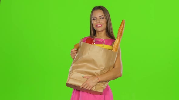 Woman Bought Food with Gold Card. Green Screen