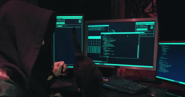 Hacker in a Hood Sits in Front of Computer Screens and Hacks Databases