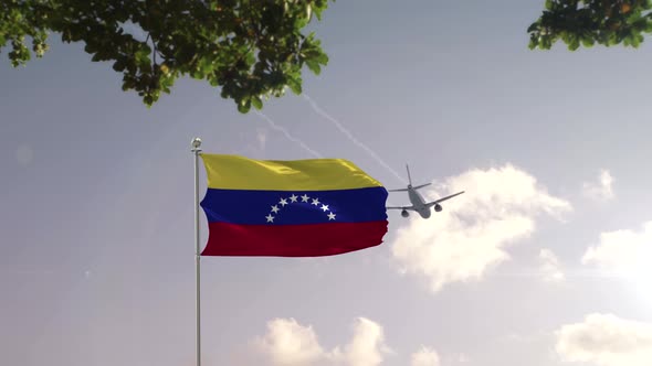 Venezuela Flag With Airplane And City -3D rendering