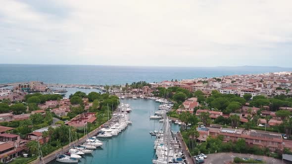 Aerial View on Sailing Boats at Lipari Islands. Sicily, Italy. Mediterranean Sea, Mountains and