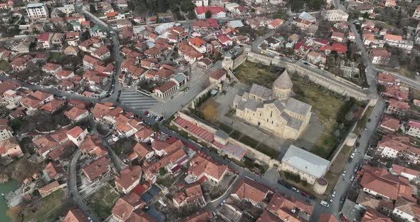 Aerial view of Orthodox Svetitskhoveli Cathedral in Mtskheta, Georgia