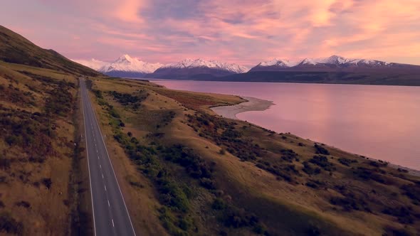 Scenic road to Mt Cook aerial