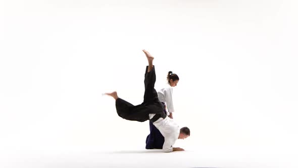 Girl, Guy Practicing Aikido Techniques, Isolated on White