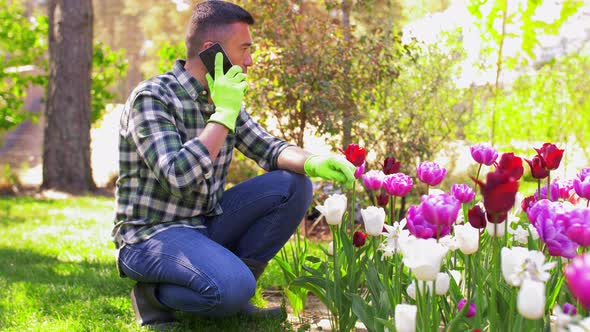 Middle-aged Man with Smartphone at Flower Garden