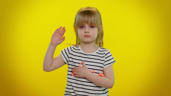 Kid Child Swear to Be Honest Aising Hand to Take Oath Promising to Tell Truth Keeping Hand on Chest