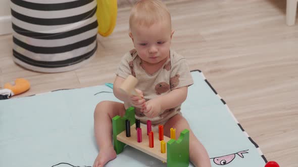 Cute Small Child Playing with Wooden Toy Hammering Block Toy 10 Month Old Caucasian Baby Boy Playing