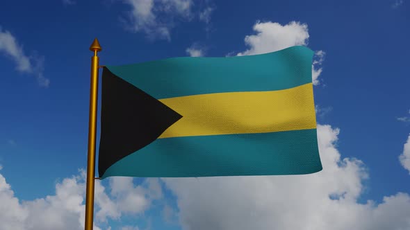 National flag of Commonwealth of The Bahamas waving with flagpole and blue sky