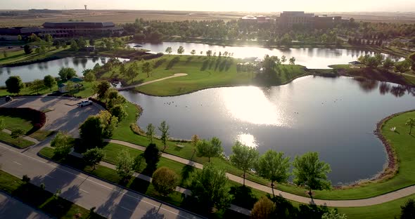 Promontory park in Greeley Colorado from 4k drone.  60fps.