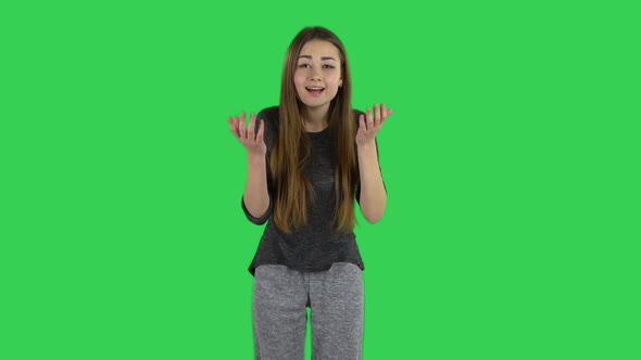 Cute Brunette with Long Hair with Shocked Wow Face Expression on a Green Screen