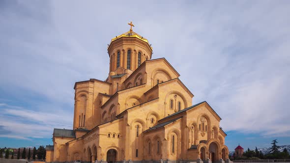 Time lapse. View of Holy Trinity church in Tbilisi