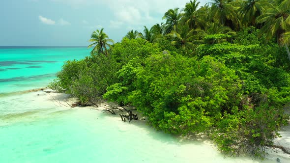 Beautiful Flying Island View of A Paradise Sunny White Sand Beach and Aqua Blue Water Background