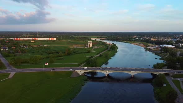 Aerial View of Jelgava City Panorama and Lielupe River in Latvia, Zemgale at Sunset 4K Dron Shot