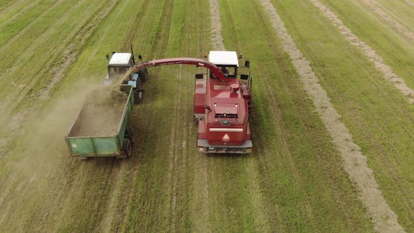 Farmer on a Self Propelled Picker Collecting Mowed Crushed Hay in the Back of a Tractor Trailer