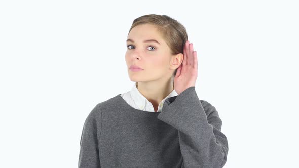 Young Woman Listening Secret White Background