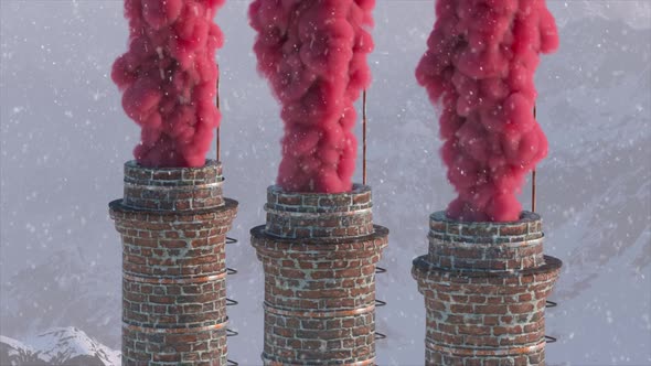 Brick Chimney on the Against the Backdrop of a Snowy Mountain Landscape