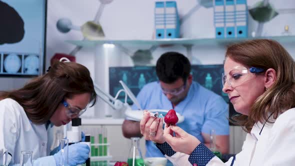 Food Genetics Scientist Injecting GMO in Strawberries