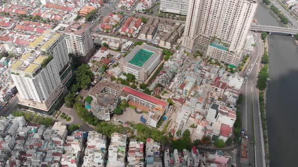 Aerial Drones Take a Beautiful View of the City From a Bird's Eye View with Skyscrapers or Tall