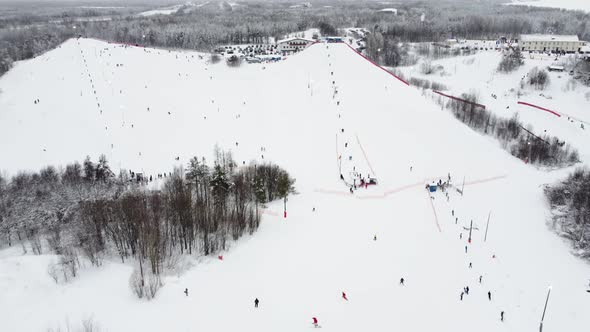 Panoramic Top View From Drone on Cable Way in Ski Resort